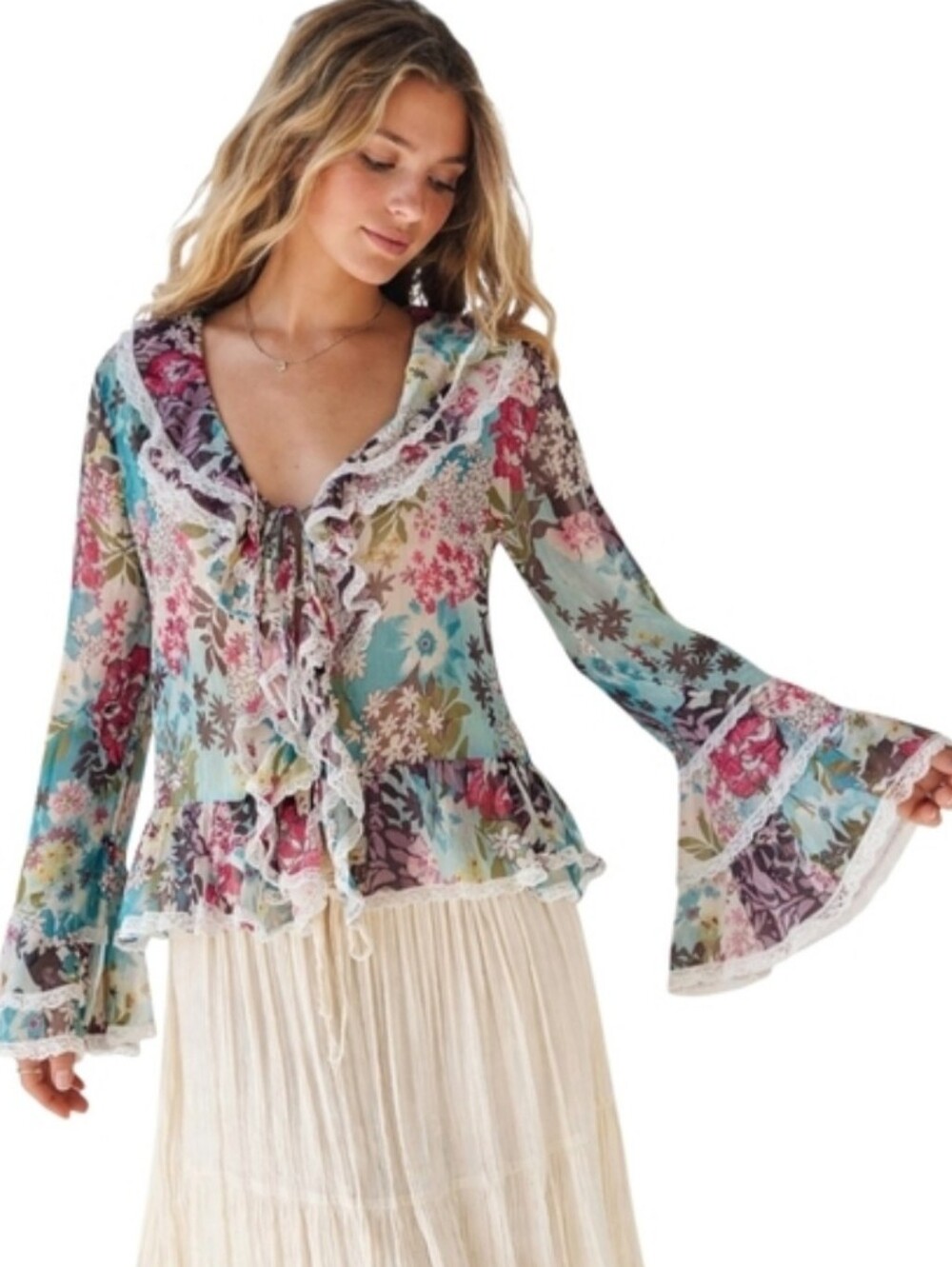 Terra Nostra Floral Ruffle Sheer Blouse Cottagecore Coquette Lace Size L